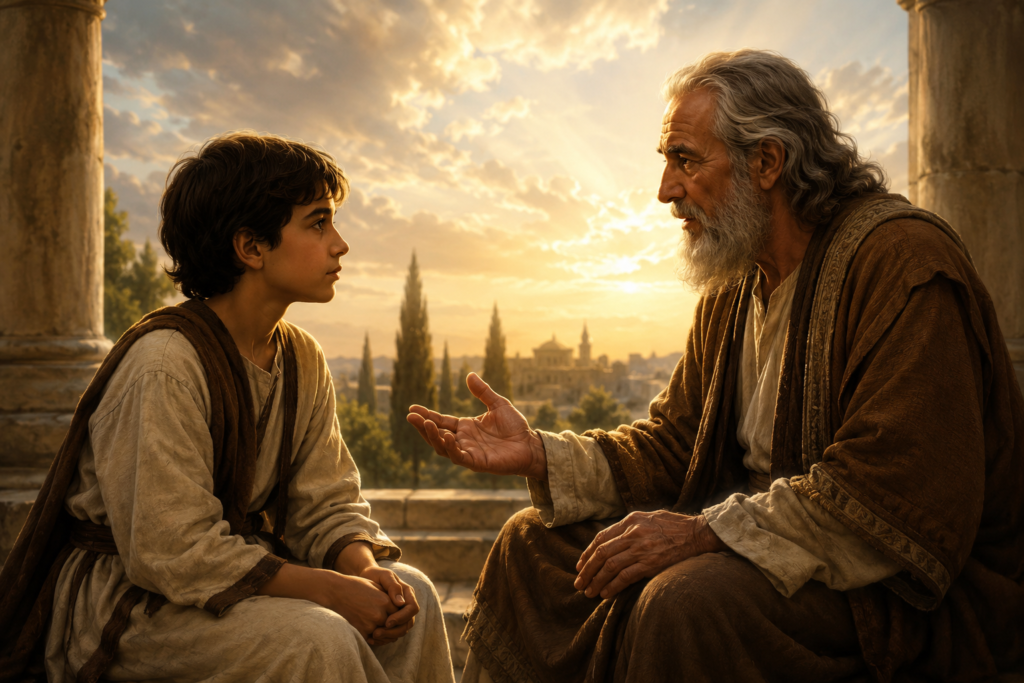 An elderly biblical teacher shares wisdom with a young boy in an ancient stone courtyard at golden hour, symbolizing spiritual growth, guidance, faith, and the passing of timeless biblical values.