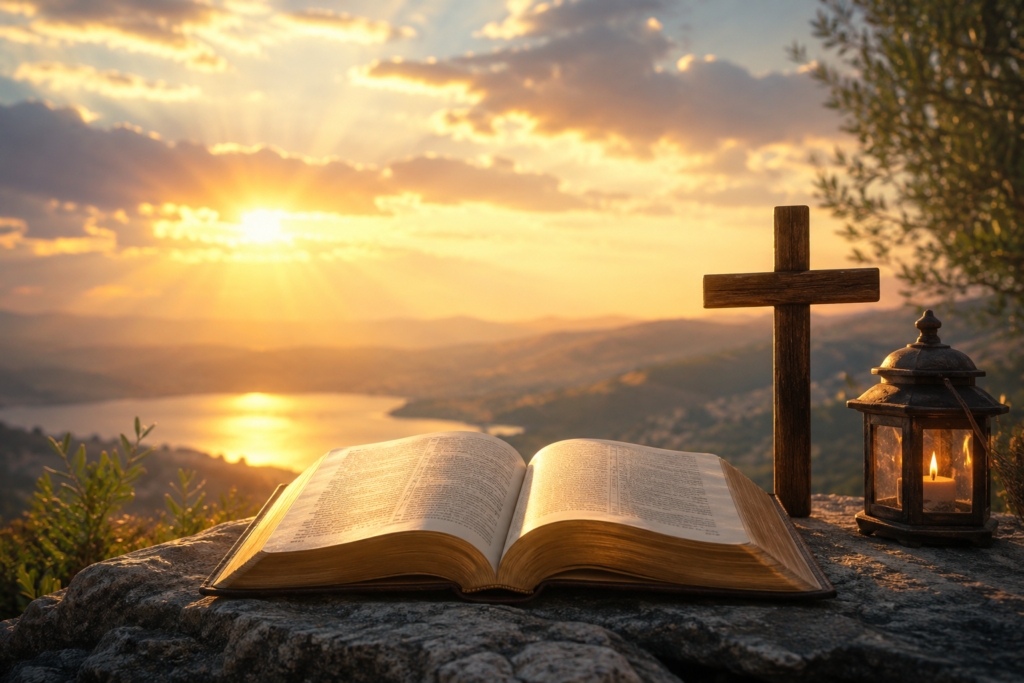 Golden sunrise illuminating an open Bible beside a wooden cross and lantern overlooking a peaceful valley, symbolizing biblical wisdom, faith, hope, and spiritual inspiratio
