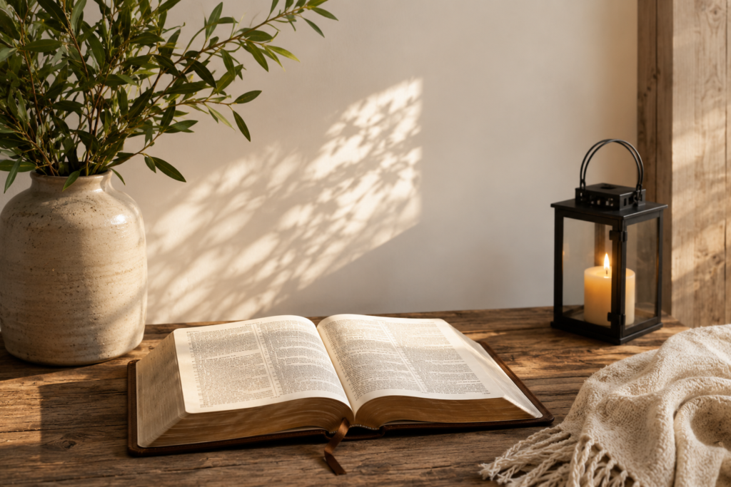 A peaceful mountain landscape at sunrise featuring an open Bible on a rustic wooden table with a ceramic vase of green branches, a glowing lantern, and a soft woven blanket, creating a warm and serene atmosphere of faith and reflection.