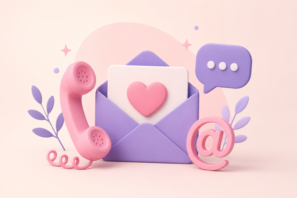 "3D pastel illustration of a purple envelope holding a white letter with a pink heart, alongside a pink telephone handset, a purple chat bubble, an @ symbol, and decorative leaves on a soft peach background, representing friendly communication and contact options."