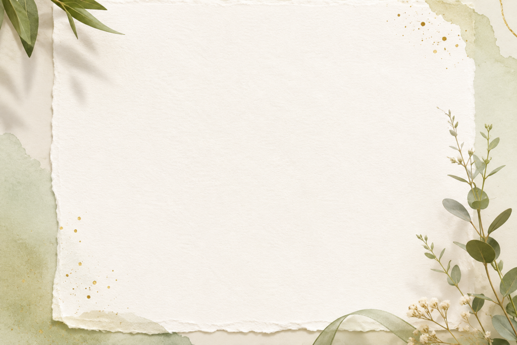 An elegant blank parchment-style paper with softly torn edges, surrounded by delicate green eucalyptus leaves, small white flowers, and subtle gold paint splatters on a light watercolor background. The center is left empty, providing ample space for disclaimer or policy content.