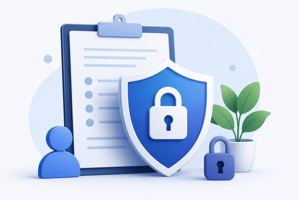 Modern 3D illustration of a blue security shield with a padlock in front of a clipboard, accompanied by a user icon, a small lock, and a green potted plant on a clean white and light blue background, symbolizing privacy, data protection, and secure information handling.