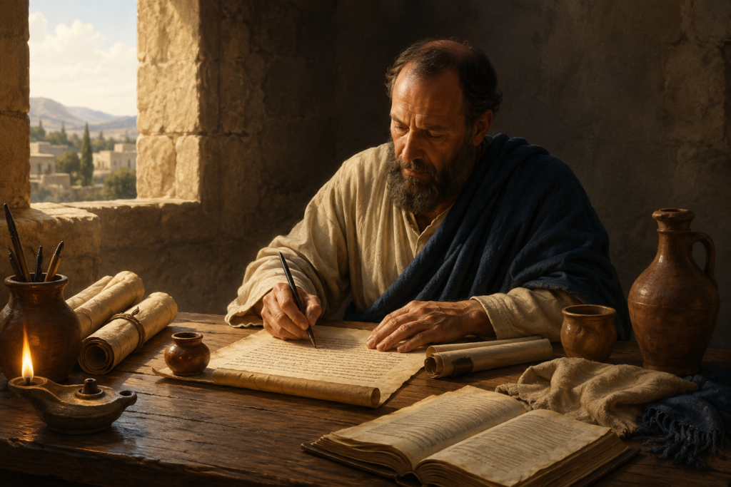 Ancient biblical scholar writing on a parchment scroll at a wooden desk surrounded by manuscripts, oil lamp, and clay jars in a warm, historic setting that symbolizes the meaning of Paul through Scripture.