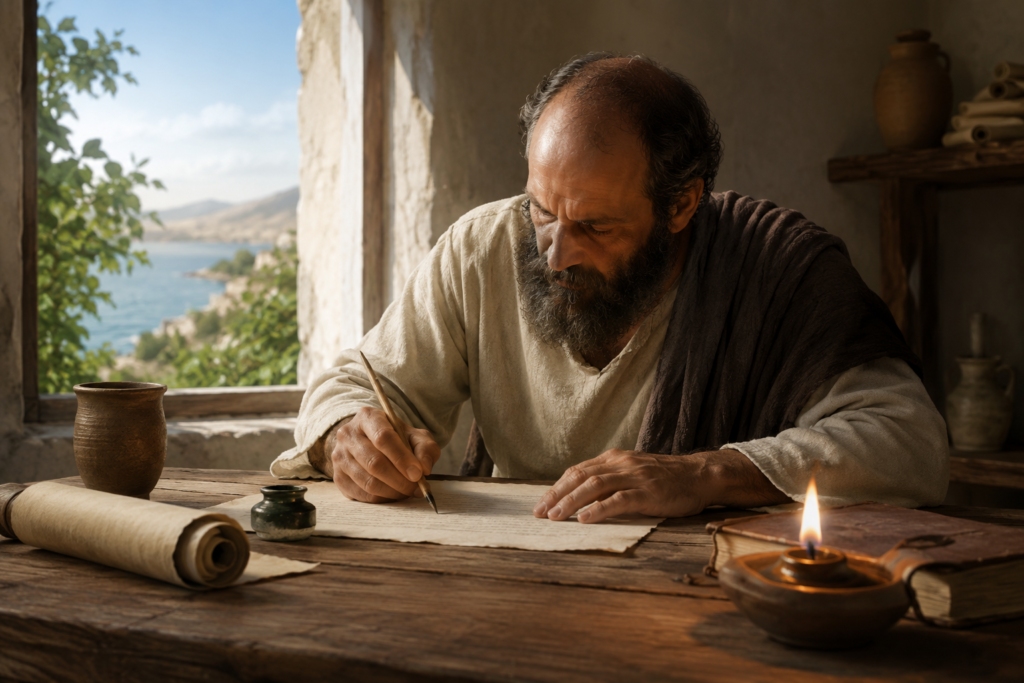A peaceful Bible study scene featuring an open Bible on a rustic wooden table beside a glowing candle, a wooden cross, and praying hands, illuminated by warm morning light to symbolize faith, devotion, and daily Christian living.