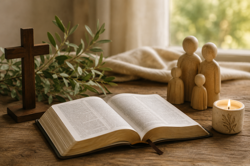 A warm faith-inspired scene featuring an open Bible on a wooden table beside a wooden cross, a family figurine, olive branches, and a glowing candle, symbolizing Christian family values, biblical wisdom, and spiritual heritage.