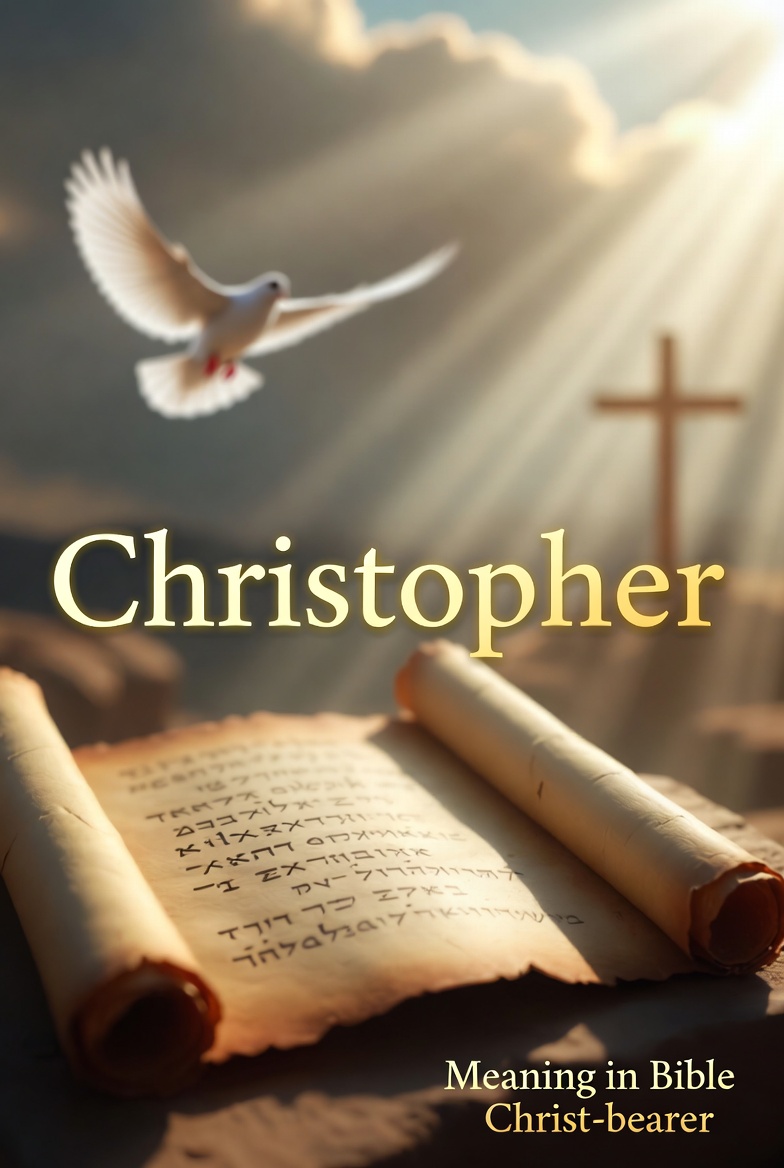 "Feature image with glowing golden text 'Christopher' over an inspirational biblical scene. An open ancient scroll with Hebrew script lies in the foreground, a white dove flies toward heavenly light rays, and a wooden cross appears in the background. Subtitle reads 'Meaning in Bible - Christ-bearer'."
