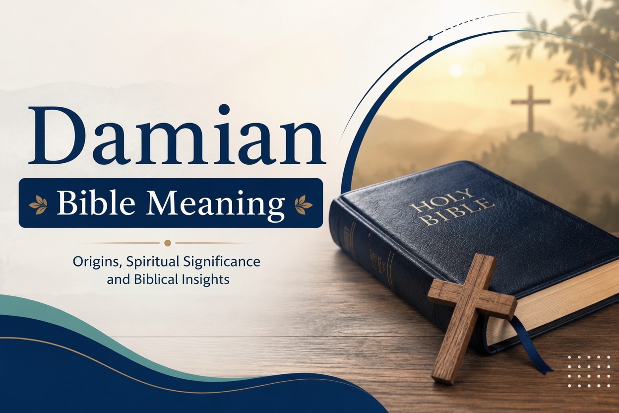 "Graphic design featuring the name 'Damian' in large blue text above a banner reading 'Bible Meaning'. Below it says 'Origins, Spiritual Significance and Biblical Insights'. The image shows a dark blue Holy Bible on a wooden surface with a wooden cross leaning against it. In the background is a serene sunset landscape with a cross on a hill, framed by a decorative arc. The overall design has a calm, spiritual theme with blue and beige tones."