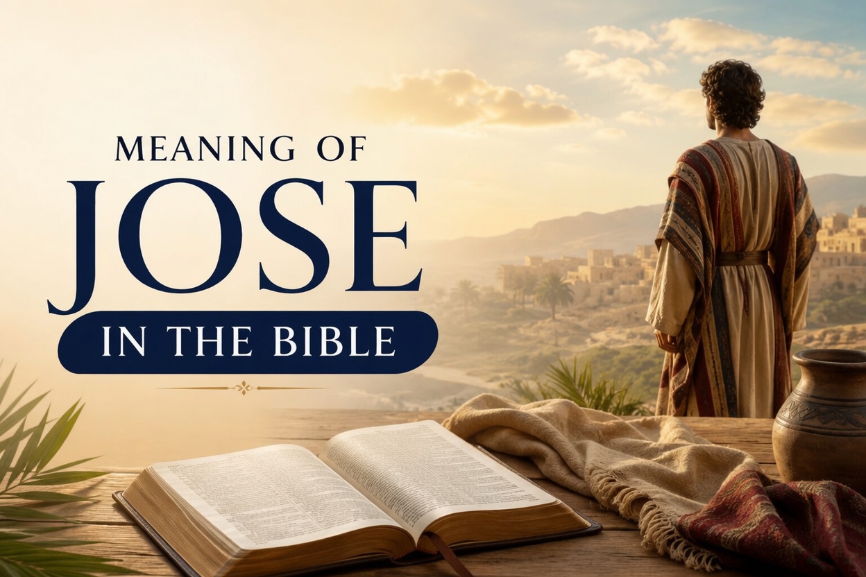 "Inspirational biblical graphic titled 'Meaning of Jose in the Bible'. It shows a man in traditional ancient robes standing on a wooden overlook, gazing over a vast ancient landscape with hills, a town, and palm trees at sunset. In the foreground is an open Bible on a wooden table with a pottery jar and cloth. The image has a warm, spiritual atmosphere."