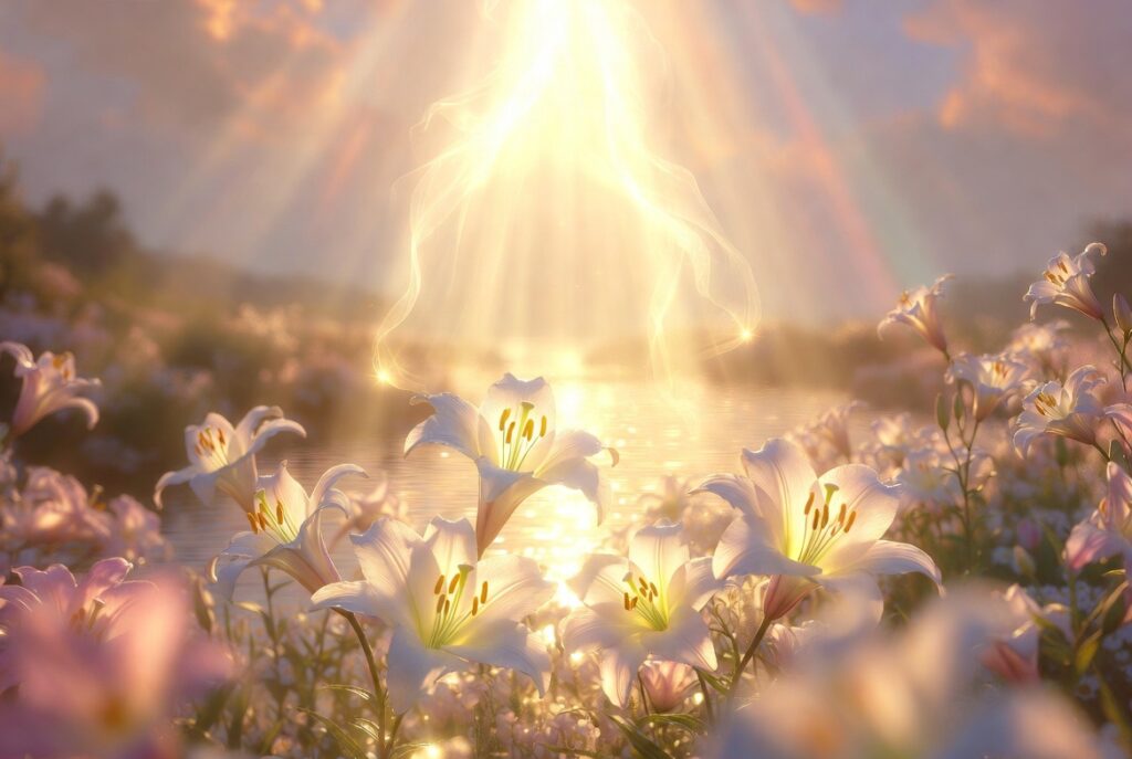 Soft glowing divine light radiates from the sky over a serene field of white and pink lilies blooming beside calm reflective water, with ethereal light beams and a faint rainbow creating a peaceful mystical atmosphere of spiritual illumination purity and grace.