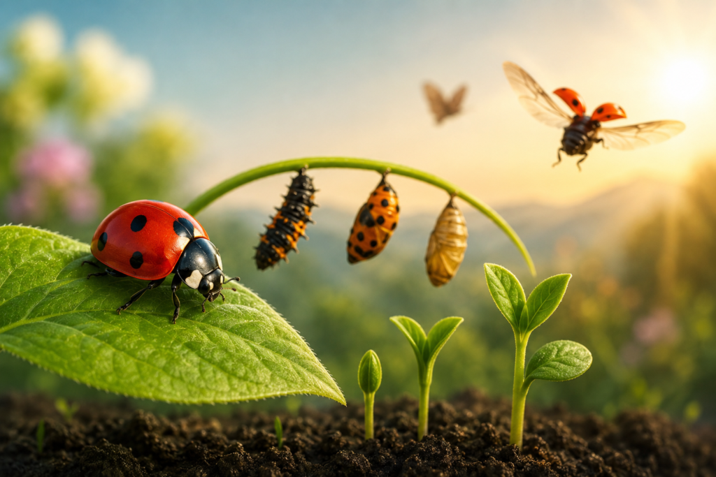A bright red ladybug resting on a lush green leaf beside stages of metamorphosis in a sunlit garden, symbolizing spiritual transformation, renewal, and personal growth.