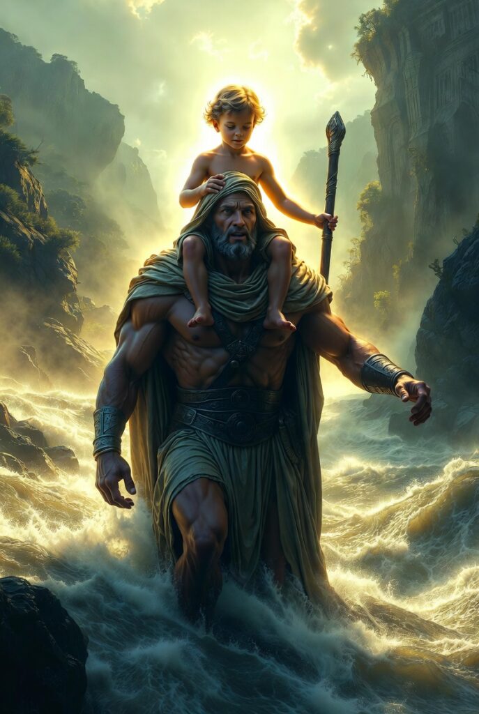 A powerful biblical scene of Saint Christopher, a strong bearded man in ancient robes, wading through turbulent river waters while carrying the Christ child on his shoulders. He holds a tall staff, with dramatic golden heavenly light shining down from above amid misty mountains. Reverent and epic religious illustration style, no text.