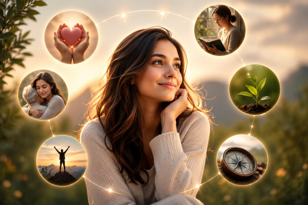 A smiling young woman surrounded by symbolic scenes representing kindness, compassion, wisdom, personal growth, confidence, and purpose in a warm, glowing natural setting.