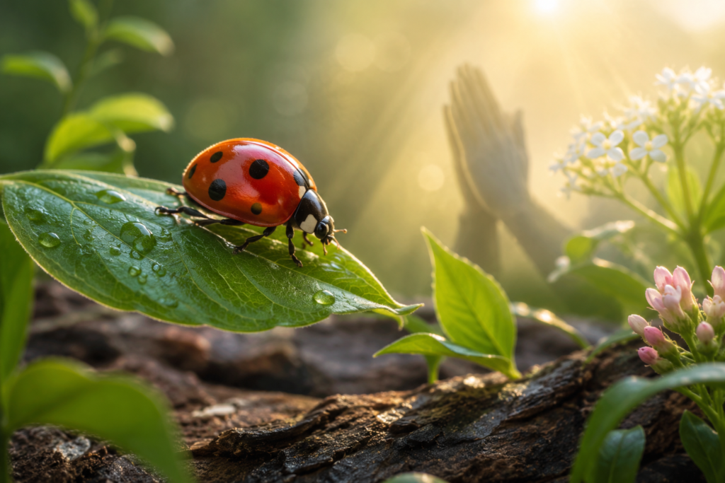 A vibrant red ladybug resting on a dew covered green leaf in a sunlit garden, surrounded by lush plants and soft golden light, symbolizing peace, hope, and spiritual connection with nature.