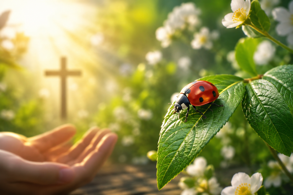 Close-up of a red ladybug resting on a green leaf in a sunlit garden with soft white flowers and a peaceful, nature-inspired spiritual atmosphere.