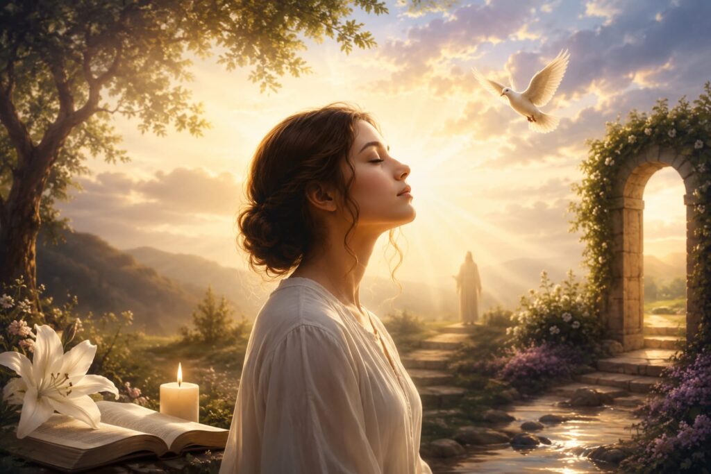 A serene woman in a white dress stands in a glowing sunrise landscape, surrounded by a white lily, an open book, a lit candle, a flying dove, and distant hills, symbolizing peace, faith, hope, and the spiritual meaning of the name Ella.