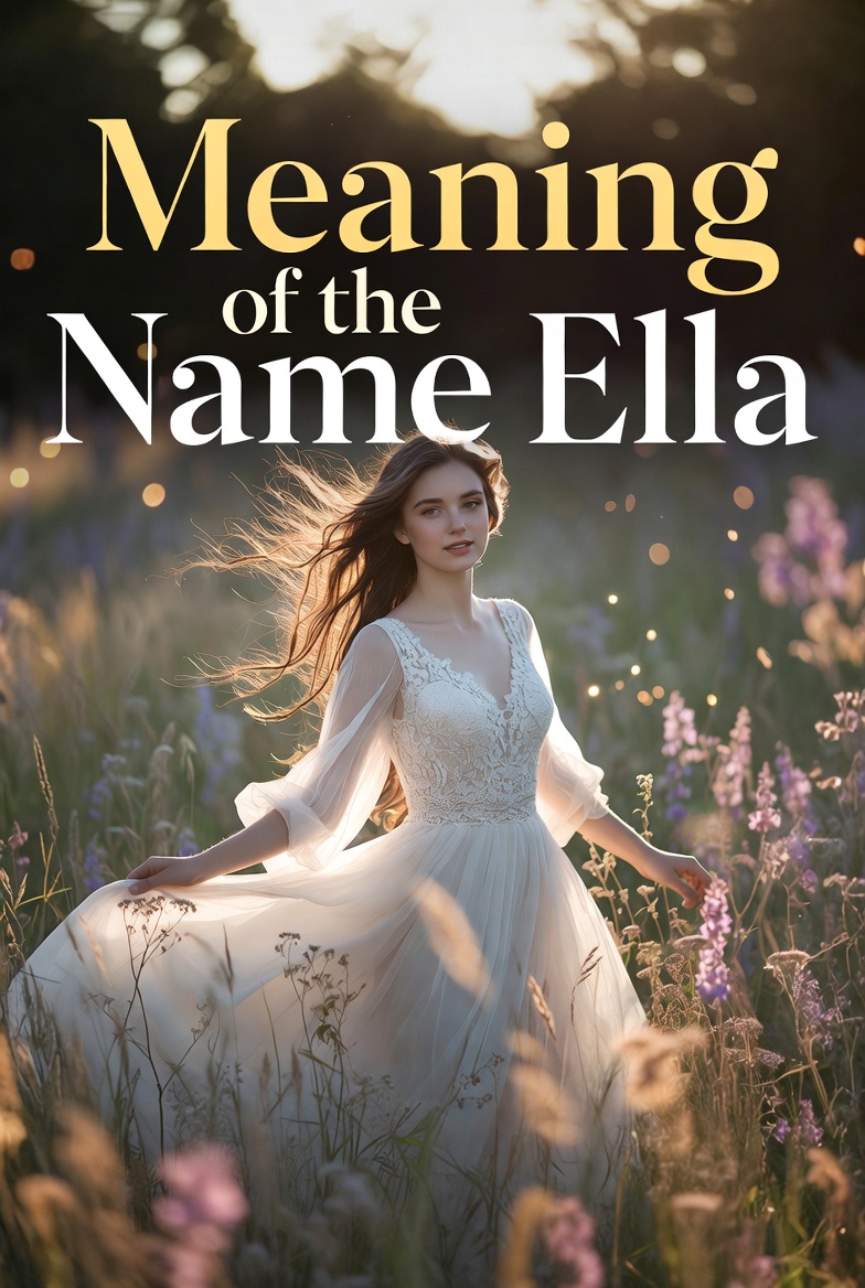 A young woman with long flowing brown hair stands in a sunlit field of purple and white wildflowers, wearing an elegant white lace dress with sheer sleeves, her hair and skirt gently blown by the wind under warm golden sunlight with soft bokeh lights; large elegant text overlays the image reading "Meaning of the Name Ella" in gold and white lettering.
