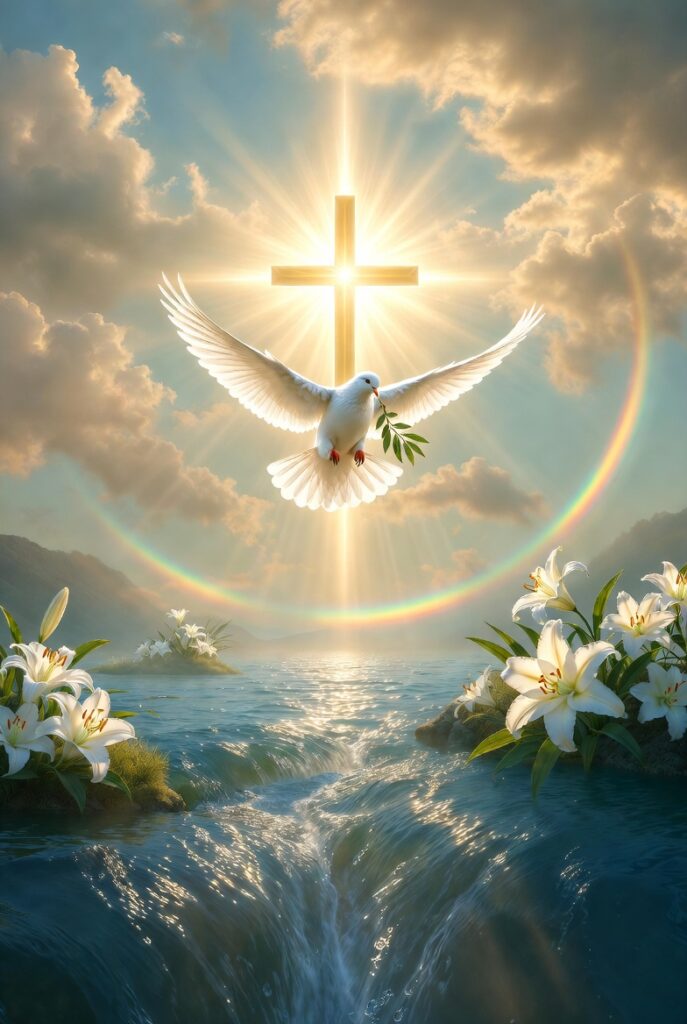 A radiant golden cross glowing with divine light stands at the center of a peaceful sky, with a pure white dove flying in front of it while holding a green olive branch in its beak. Soft golden sun rays and gentle clouds fill the heavens, framed by a full rainbow arc. Below, clear blue waters flow between rocky banks lined with clusters of white lilies, creating a serene and sacred landscape filled with Christian symbols of peace, the Holy Spirit, hope, and renewal.