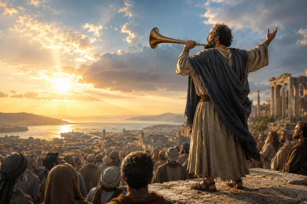 A biblical-era man resembling the Apostle Paul stands above a gathered crowd at sunrise, sounding a trumpet like horn as he boldly proclaims God's message, symbolizing the continuation of a clarion call.