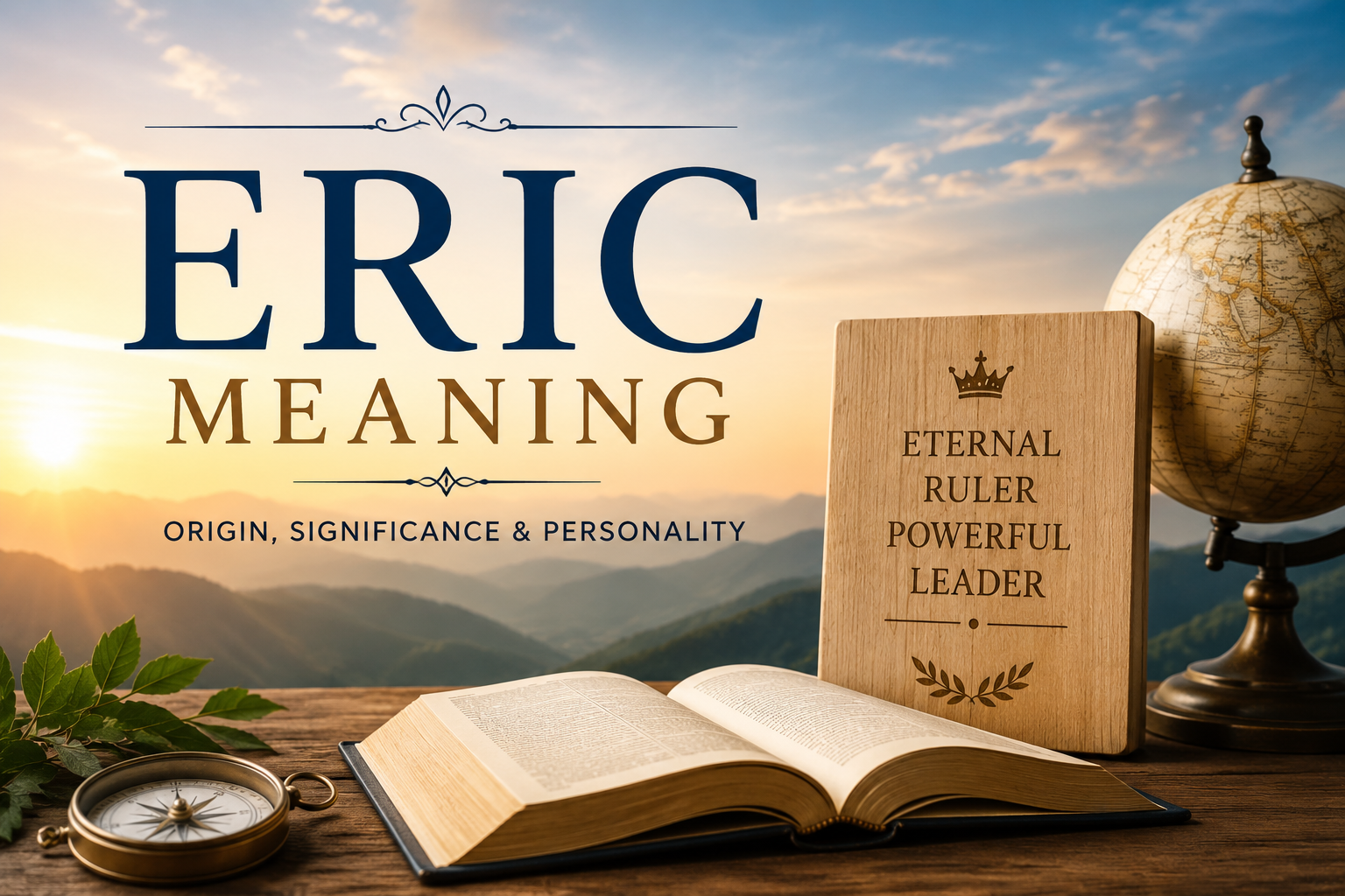 Eric Meaning feature image with an open Bible, compass, globe, and wooden plaque on a rustic table against a peaceful mountain sunrise, symbolizing strength, leadership, origin, and biblical significance.