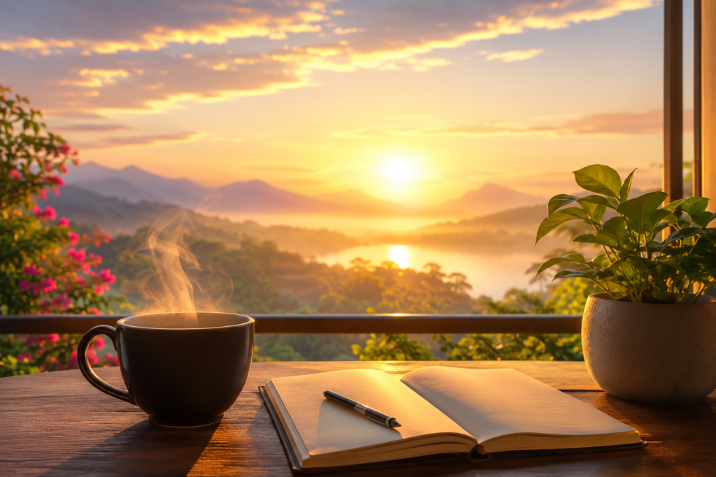 Peaceful sunrise over a calm lake and mountains with a steaming coffee cup, open notebook, and green plant on a balcony, symbolizing a fresh and uplifting morning.
