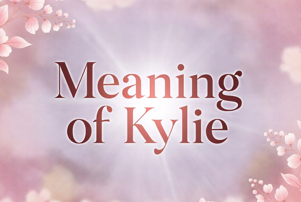 Elegant feature image displaying the text “Meaning of Kylie” in rose-gold serif typography on a soft pastel pink and lavender background with delicate floral accents and glowing light rays.