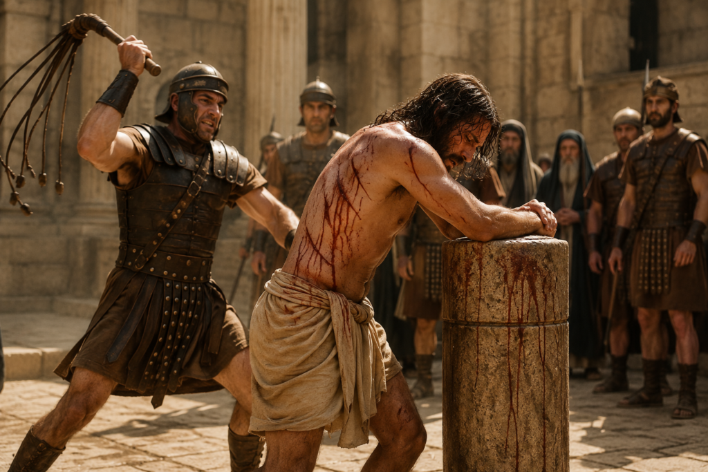 Jesus enduring Roman flogging before the crucifixion in an ancient stone courtyard, depicting a solemn biblical scene of suffering, sacrifice, and faith.