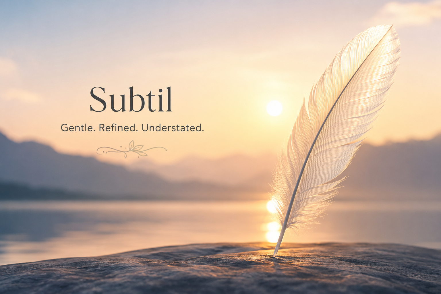 A serene minimalist landscape featuring a delicate feather illuminated by warm sunrise light beside a calm lake, symbolizing the subtle qualities of gentleness, refinement, and understated beauty.