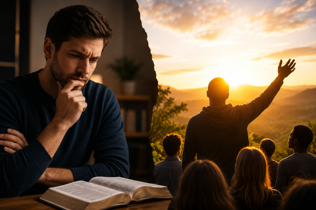 Thoughtful Christian reading the Bible beside a symbolic sunrise worship scene, illustrating different Christian perspectives on the phrase "Grand Rising."