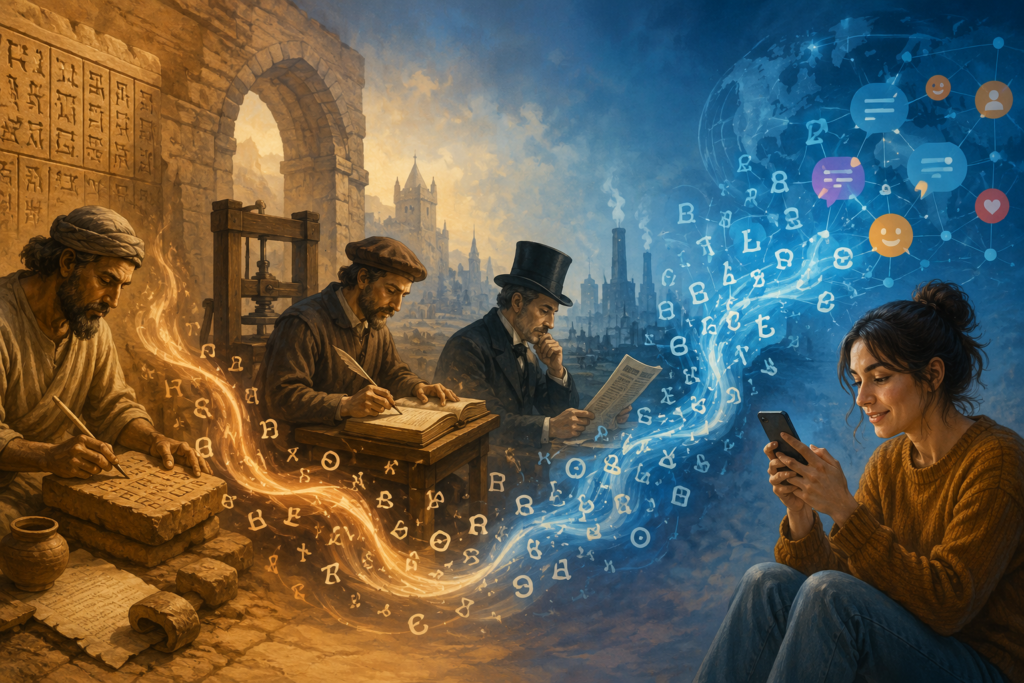 Illustration showing the evolution of language from ancient writing and handwritten manuscripts to modern digital communication, symbolizing how language changes and adapts over time across generations.
