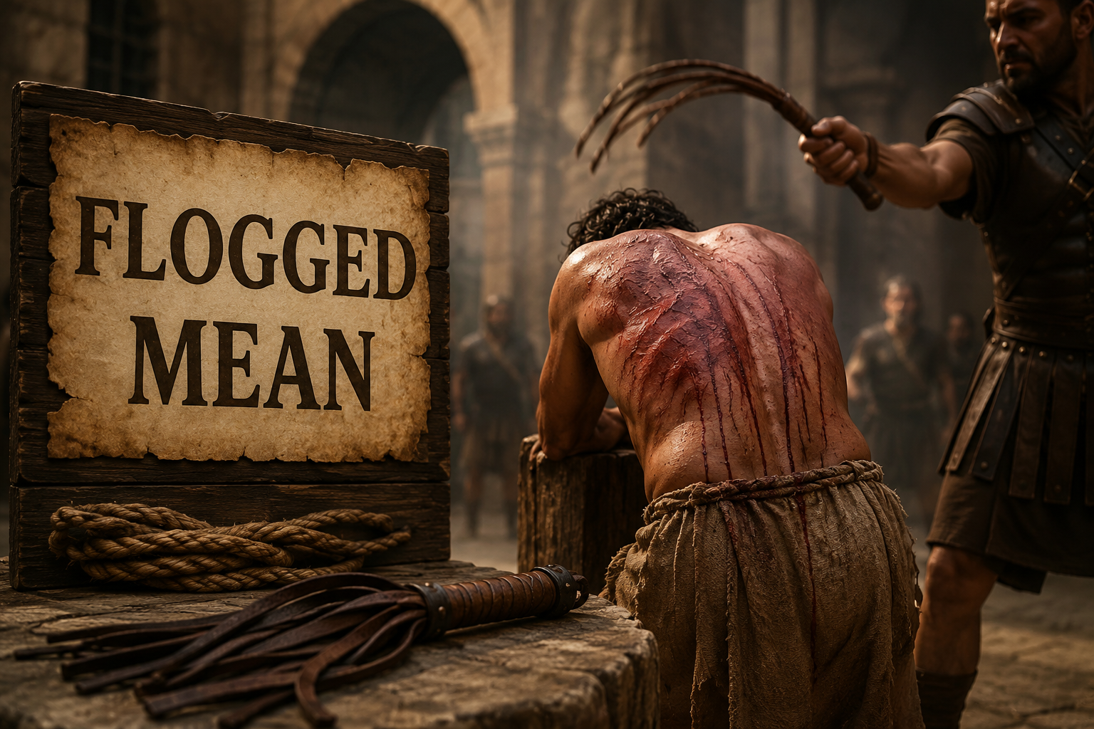 Flogged Mean illustrated with a historical scene showing a person receiving judicial whipping in biblical times, symbolizing punishment, discipline, and the meaning of flogging in historical and religious contexts.