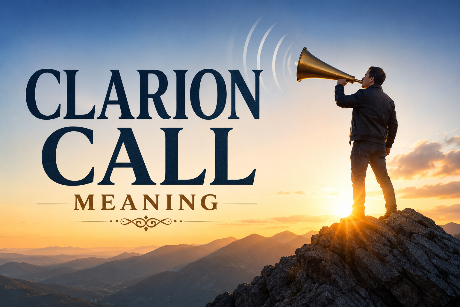 A lone figure stands on a mountain peak blowing a brass horn at sunrise, symbolizing a clear and urgent call to action, representing the meaning of a clarion call.