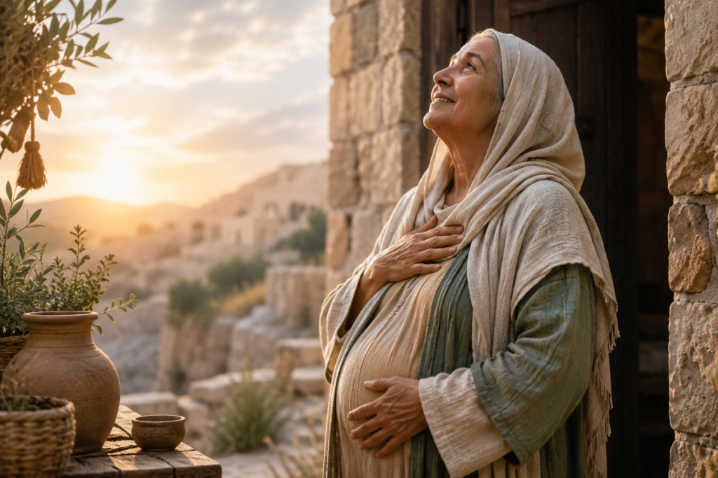 Elizabeth, pregnant with John the Baptist, stands in an ancient biblical village at sunrise, looking upward with gratitude, symbolizing God's faithfulness, hope, and fulfilled promises.