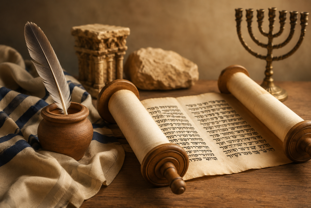Ancient Hebrew scroll with traditional script, quill, clay ink pot, and menorah on a rustic wooden table in warm golden light, symbolizing biblical language and historical study.