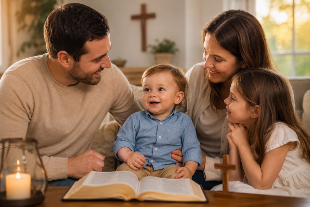 Christian family gathered together in a warm, faith filled home, smiling around a young child with an open Bible and cross symbolizing love, faith, and strong family values.