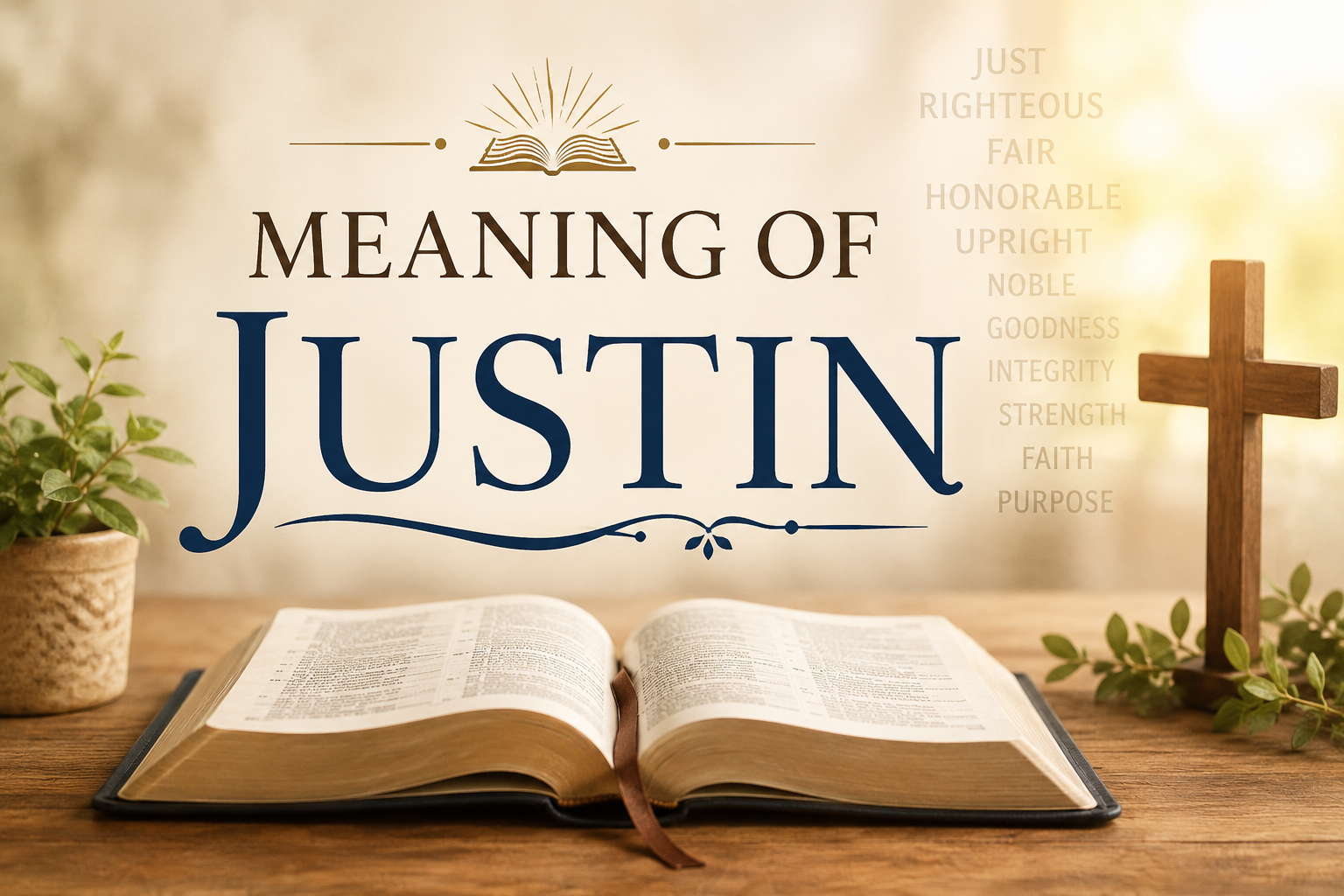 Meaning of Justin feature image showing an open Bible, a wooden cross, warm golden light, and a peaceful Christian-inspired background symbolizing faith, righteousness, and biblical name meaning.