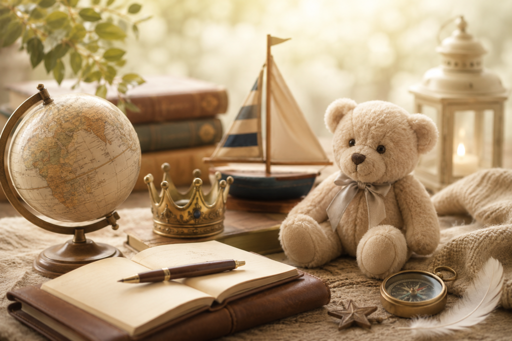 Illustration of meaningful childhood keepsakes including a teddy bear, vintage globe, open journal, toy sailboat, crown, and compass arranged in a warm, timeless setting, symbolizing the meaning and heritage of the name Julian.
