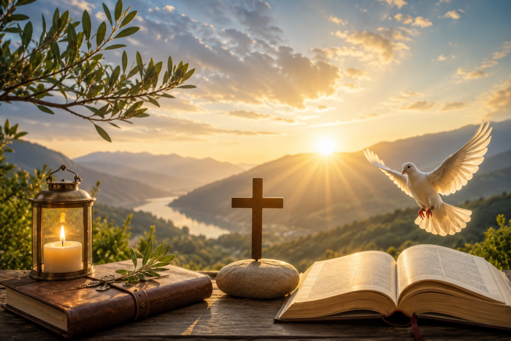 Peaceful sunrise over a mountain valley with a Bible, wooden cross, glowing candle, journal, and white dove, symbolizing the spiritual meaning of the name Julian through faith, hope, wisdom, and divine guidance.