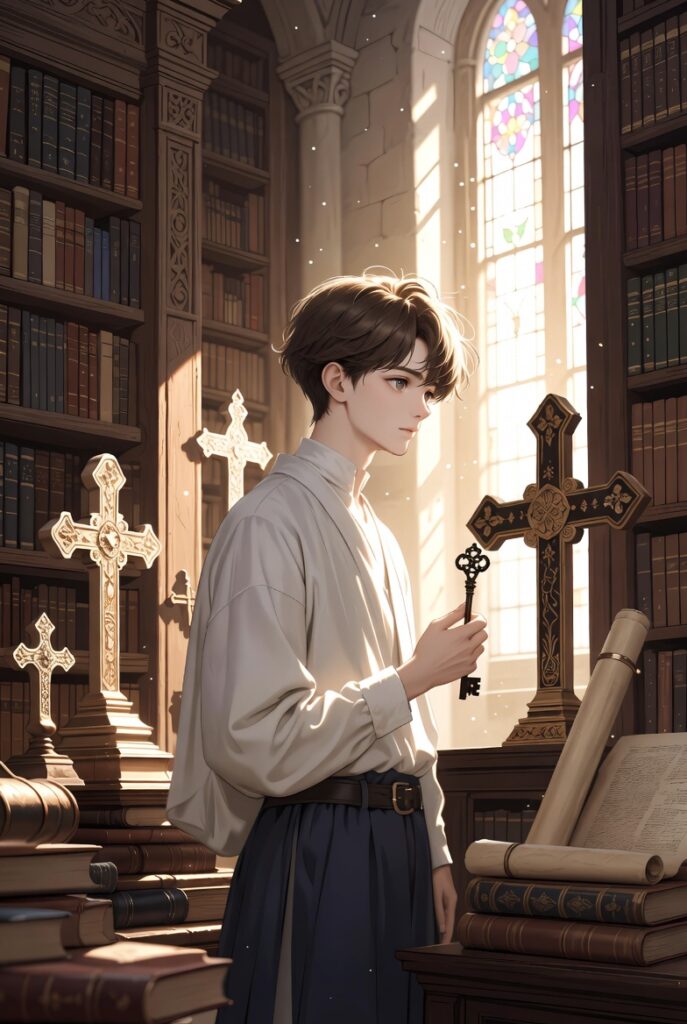 A thoughtful young man with brown hair stands in profile inside a grand, sunlit ancient library. He wears a white shirt and dark trousers while gently holding an ornate key. The scene features tall wooden bookshelves, multiple ornate Christian crosses, open scrolls, and colorful light streaming through large stained-glass windows, creating a serene and symbolic atmosphere of faith and personal identity. No text appears in the image.

