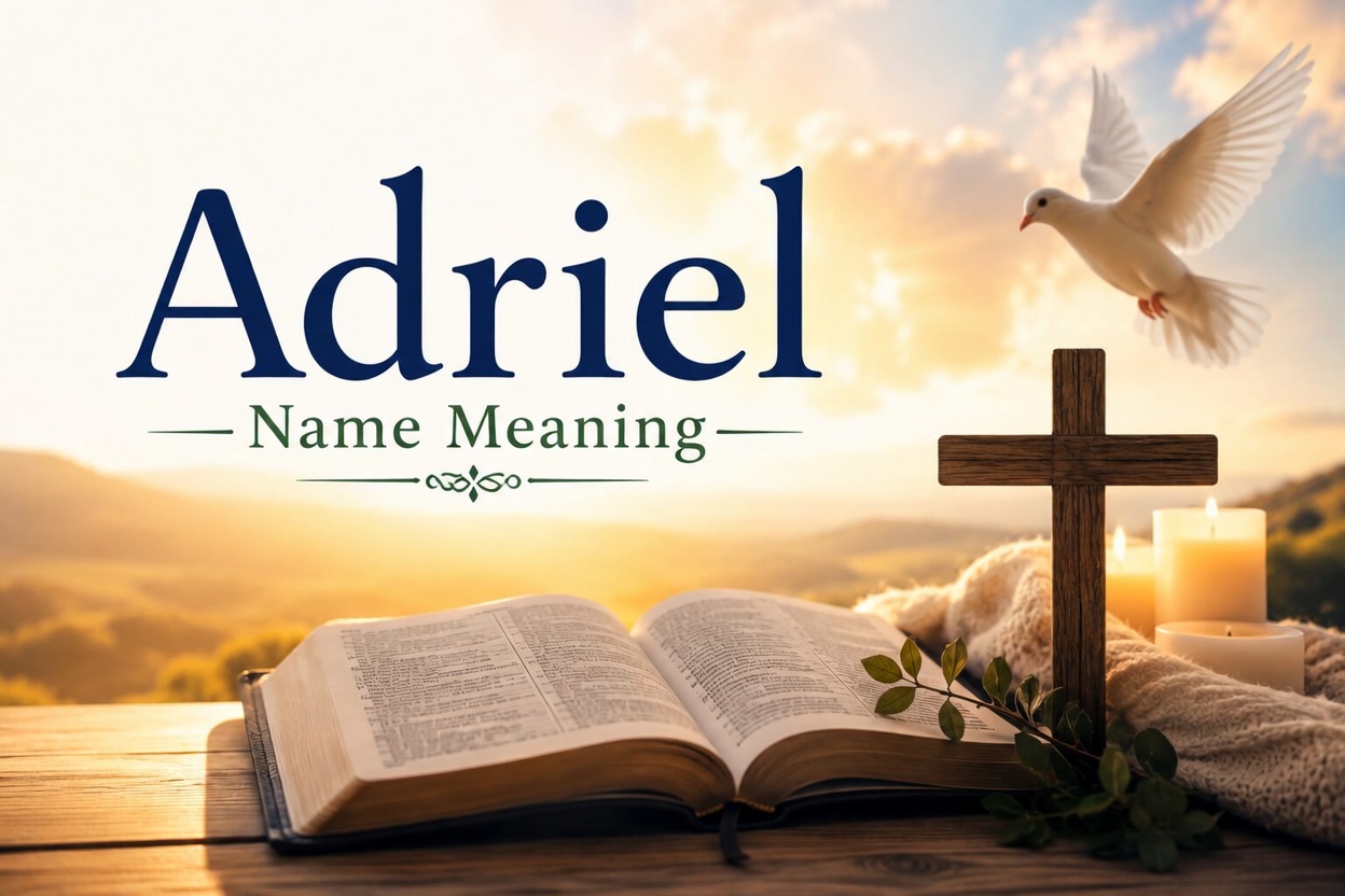 "Adriel Name Meaning – Inspirational Christian-themed feature image with an open Bible, wooden cross, lit candles, white dove in flight, and serene golden sunrise over hills."