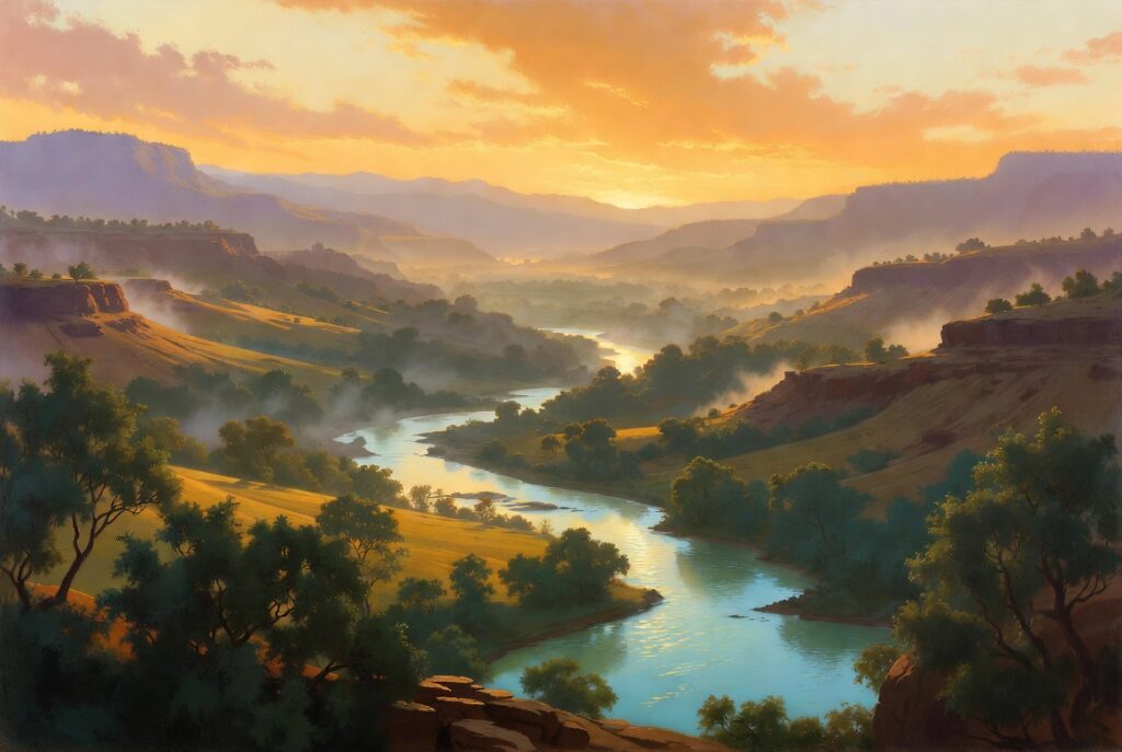 Serene biblical landscape at dawn featuring the winding Jordan River flowing through a lush valley with ancient hills, golden sunlight, and distant misty mountains, evoking themes of spiritual transition and purification. No text present.

