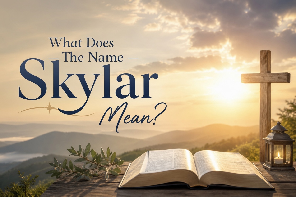 "Serene sunset landscape with an open Bible on a wooden table, an olive branch, a lit lantern, and a wooden cross. Large elegant text in the center reads: 'What Does The Name Skylar Mean?' Inspirational Christian-themed image with warm golden hour lighting over misty hills."