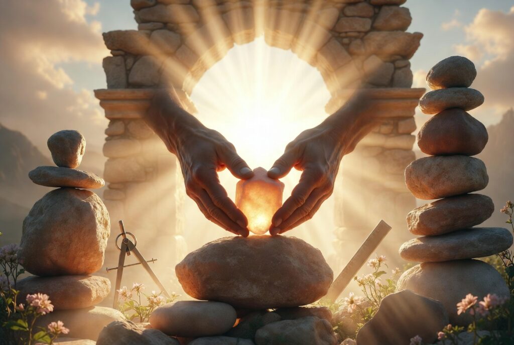 "Spiritually symbolic image without text: A pair of hands gently placing a glowing golden cornerstone into a stone archway at sunrise. Dramatic divine light rays shine through the arch, illuminating stacked balanced stones on both sides. Builder’s tools like a compass and level are subtly visible among wildflowers and natural rock formations, evoking strength, foundation, craftsmanship, and spiritual growth."