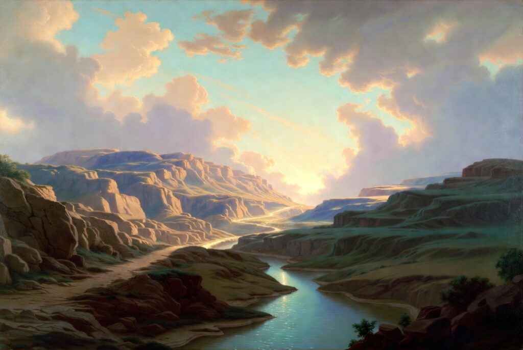 A serene landscape painting of a narrow rocky path winding along a calm blue water channel between rugged canyon walls and green hills, leading toward a soft golden sunrise breaking through clouds with rays of light, symbolizing a narrow path or strait.