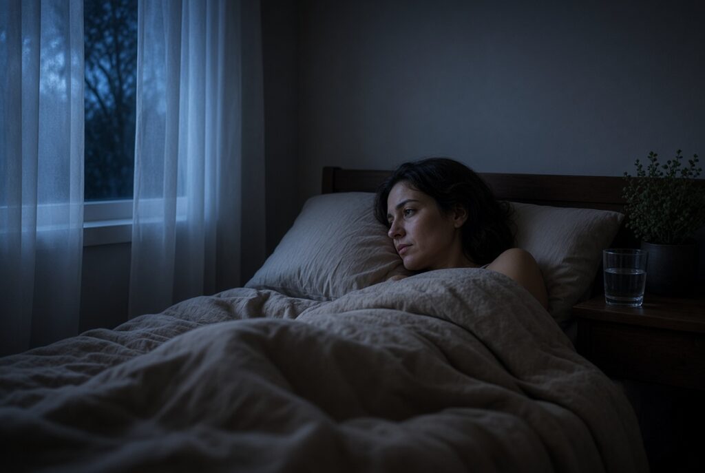 A woman with dark wavy hair lies awake in bed under a beige quilt, resting her head on a pillow and gazing thoughtfully toward a window. Soft blue moonlight filters through sheer white curtains, illuminating the dimly lit bedroom. A wooden nightstand holds a glass of water and a small potted plant.