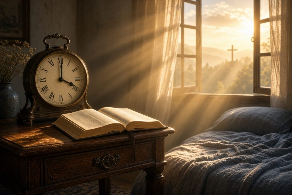 A peaceful bedroom scene at dawn with an antique clock showing 4 o’clock and an open Bible on a wooden nightstand. Golden sunlight streams through an open window, revealing a cross on a distant hill. Soft, spiritual atmosphere of early morning prayer and awakening.
