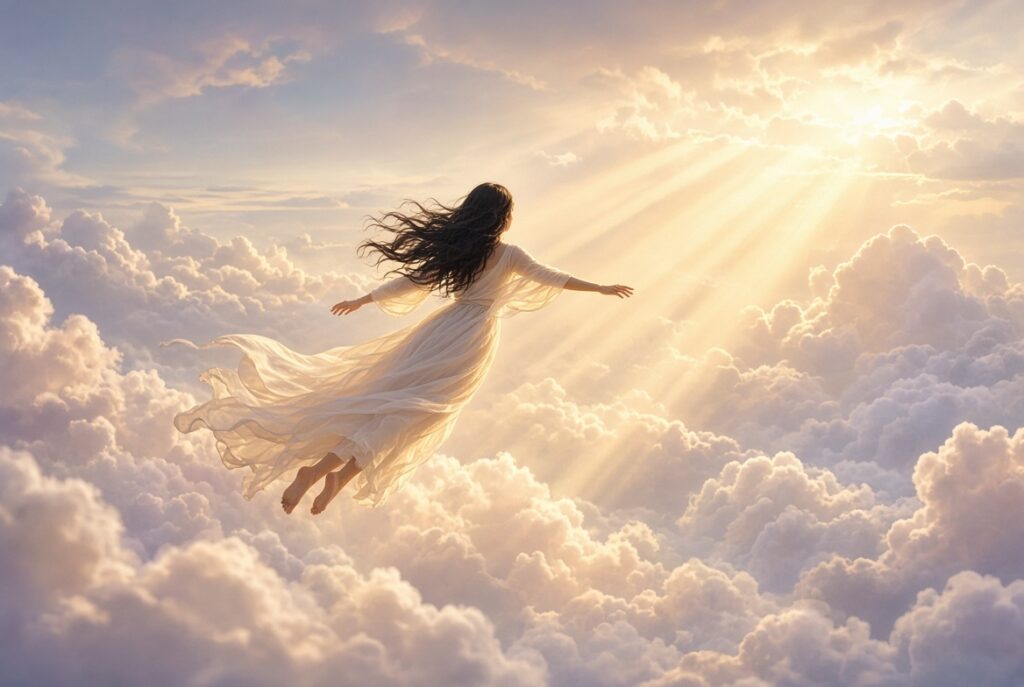 A woman with long flowing dark hair, wearing a white dress, soaring freely through a bright sky filled with fluffy clouds and golden sun rays.