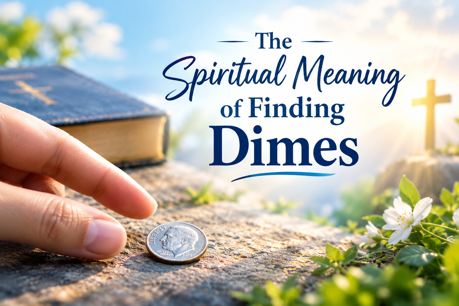 The Spiritual Meaning of Finding Dimes with a silver dime, Bible, cross, flowers, and a hand reaching toward the coin.