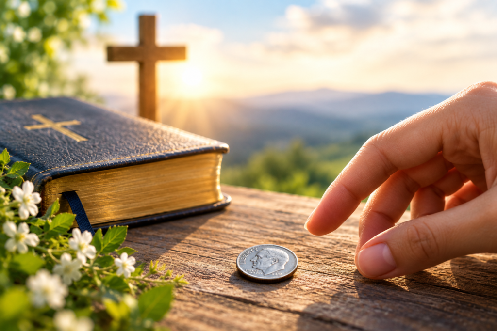 Biblical meaning of finding dimes shown with a silver dime, open Bible, cross, flowers, and a hand reaching toward the coin.