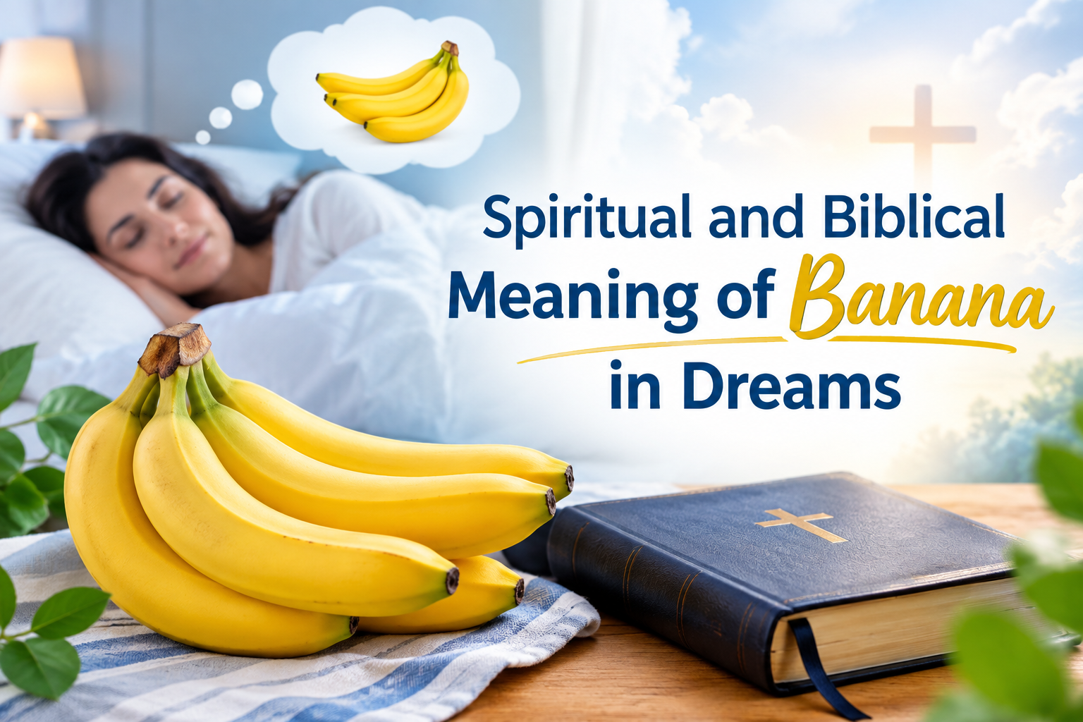 Spiritual and Biblical Meaning of Banana in Dreams with ripe bananas, a Bible, and a sleeping person in a peaceful setting.