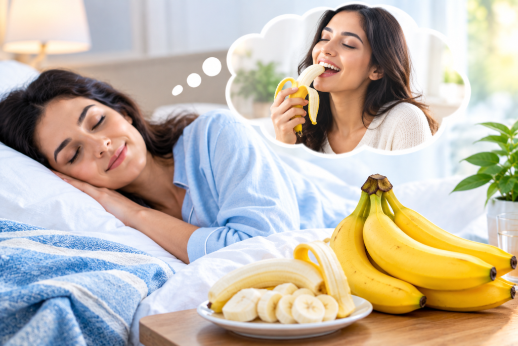Meaning of eating bananas in a dream, shown through a peaceful sleeping woman dreaming about eating a ripe banana.